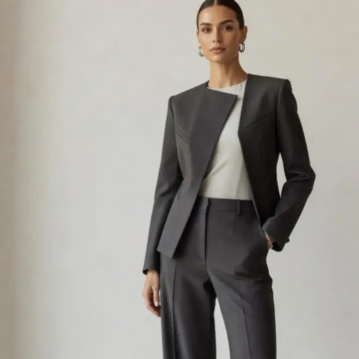 Modern, trendi 2026-os női outfit letisztult, elegáns háttérrel