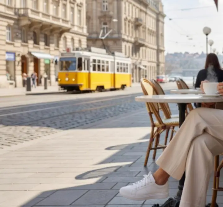 Laza, mégis stílusos női utcai outfit Budapesten, farmerrel és bézs kabáttal