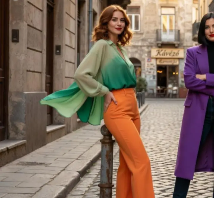 Színes street style outfit 2026-os divat színtrendjei szerint, kontrasztos bőrtónushoz illő árnyalatokkal