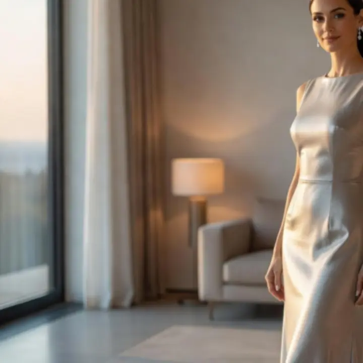 Elegáns esti női outfit: selyemruha, magassarkú és kifinomult kiegészítők