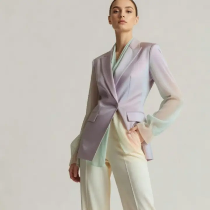 Pasztell színkombinációkat bemutató modern női outfit összeállítás